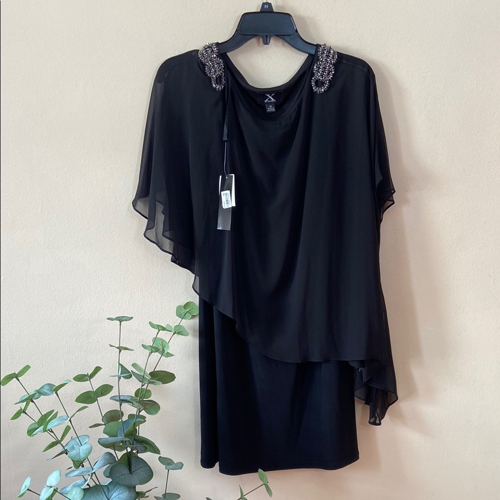 New X by Xscape Black Party Cocktail Dress Women's 12 Sheer Short Glitter Bling